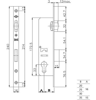 KALE 155/P 25mm W/B б/о хром б/накл б/мех.секр Замок врезной б/руч от интернет площадки Гурумарт